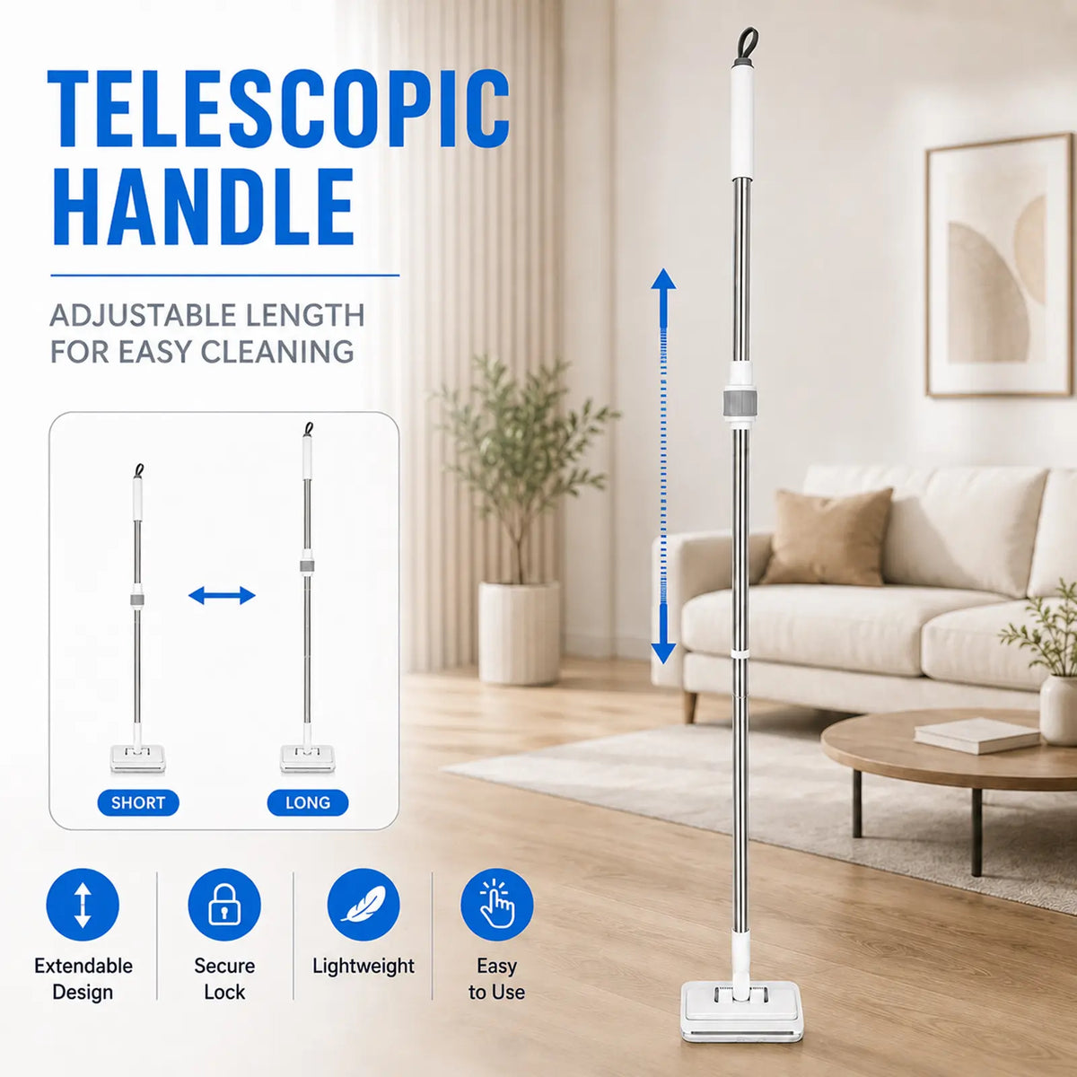 Extendable Telescopic Disposable Flat Clip Mop, 360° Swivel Lightweight Floor Mop, Multi-purpose Cleaner for Hardwood, Tile, Kitchen & Bathroom